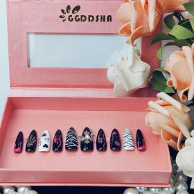 GGddsha Dark Series Pure Handmade Pressed Full StickMedium Almond Nails Hand Painted Designs ReusablePMMA Acrylic Press On Nails With Rhinestones (Option: M)