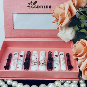 GGddsha Long Handmade PMMA Acrylic Press On Nails WithRhinestone Snake Rose Design, Dark Bear Nails,Reusable Fake Nails W Box, Gift For Women,Sca (Option: M)