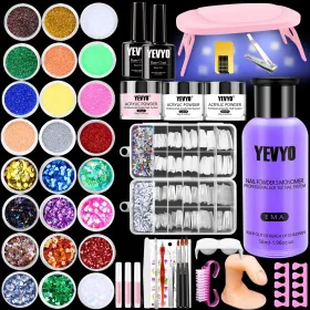 Professional Acrylic Nail Kit, With Pink Nail UV LED Lamps, Acrylic Powders, Base Top Coat, Nail Tips, Rhinestones, Nail Decorations And Nail Art (Option: Multicolour)